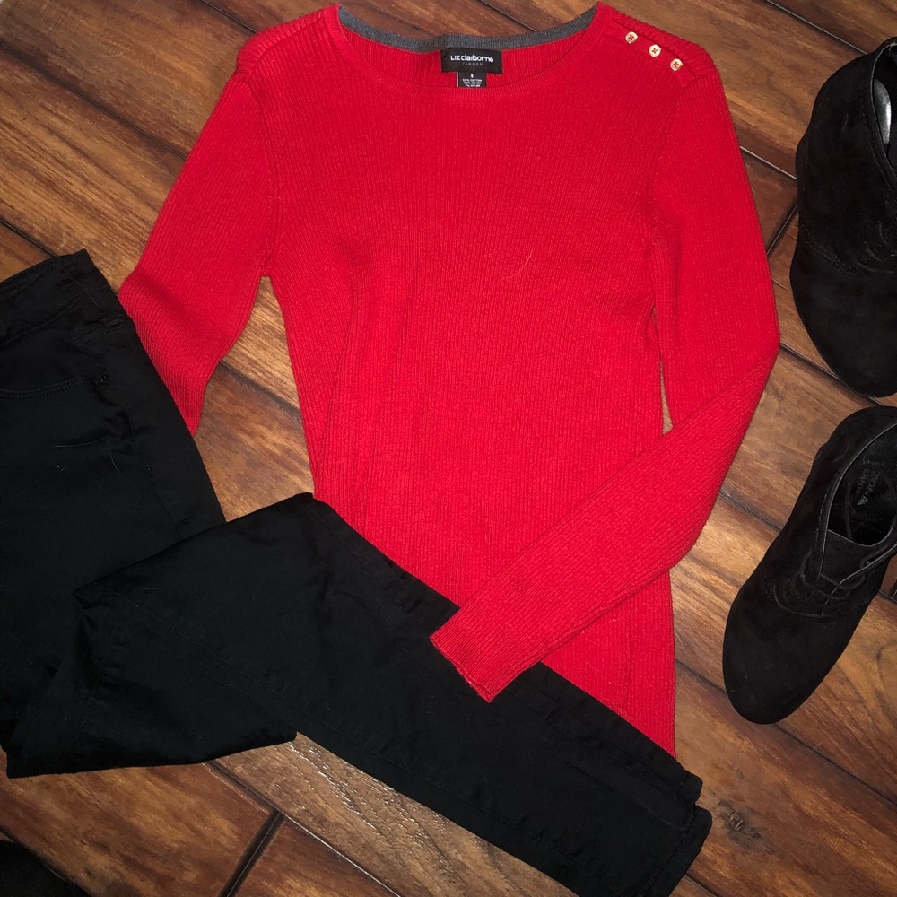 Red knit like fitted long sleeve sweater
